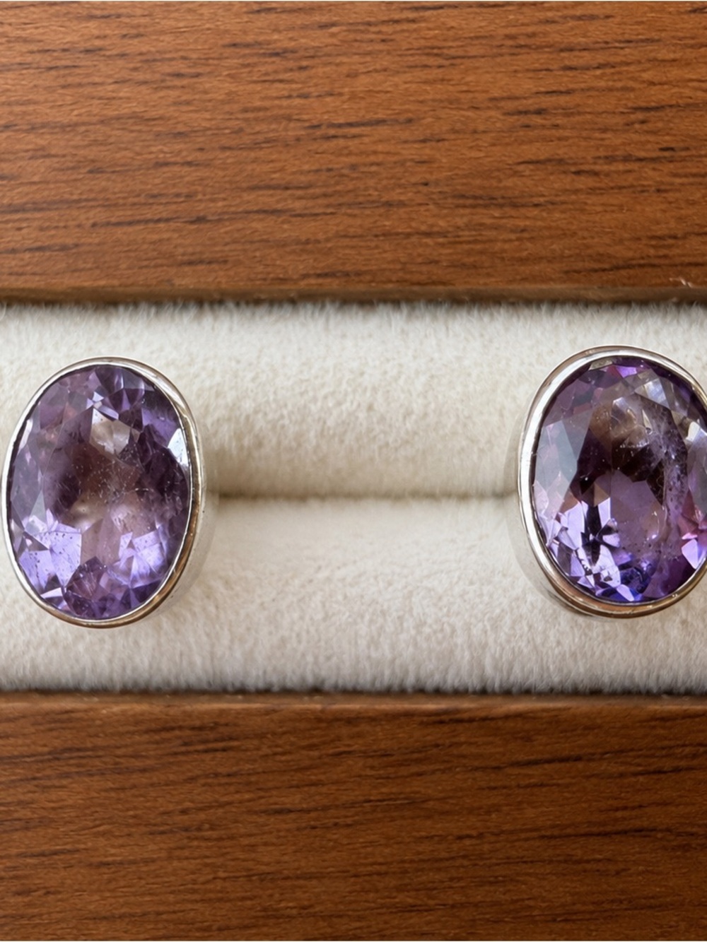 Sterling Silver Amethyst Oval Stud Earrings - Purple